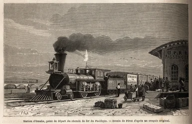Rautateillä on Omahan asema (Nebraska), Tyynellemerelle johtavien linjojen lähtöpiste. M. L. Simoninin kaiverruskuva le voyage au far west americain, vuonna 1867, julkaistu "Le tour du monde, nouveau journal des voyages" -lehdessä, toimitettu