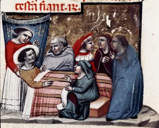 Testamentin toisto sairaan miniatyyrin sängyn vieressä Justinianuksen koodista (Codex Justinianus), kokoelma lakeja ja instituutioita, jotka julkaistiin Bysantin keisarin Justinianus I:n (483-565) alaisuudessa
