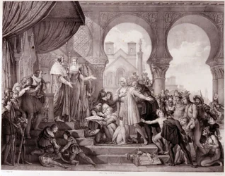 Kristoffer Kolumbuksen paluu Espanjaan ennen Aragonian kuningasta Ferdinand II:ta ja Kastilian Isabellaa 1. (kutsuttiin katoliseksi) Amerikan löytämisen jälkeen. Kaiverrus 1800-luvulta.