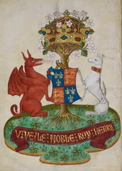 As armas reais da Inglaterra de Henrique VII apoiadas por um galgo branco e um dragão finlandês vermelho