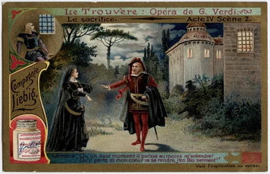Uhrinäytös IV kohtaus 2. Kuvitus Giuseppe Verdin (1813-1901) oopperaan "" Löytö"" (Il trovatore). Kromolitografia (Chromo) Liebig 1800-luvun lopulta.