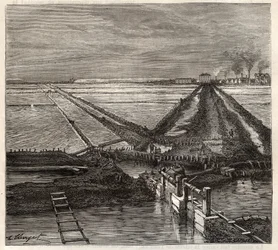 Giraudin suolaso ​​Camarguessa (Bouches-du-Rhone), näkymä palvelukanavasta - Louis Figuierin kaiverrus Les Merveilles de l