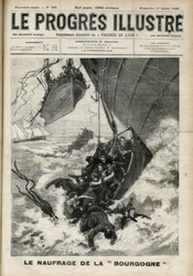 Transatlantic-aluksen haaksirikko "Burgundia" -kaiverrus kirjassa "The illustrious progress" heinäkuussa 1898.