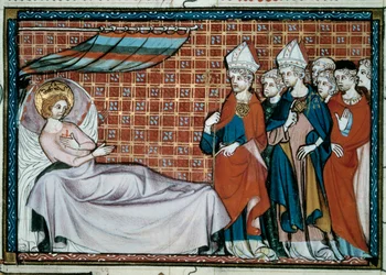 Ranskan sairas kuningas Saint Louis (Louis IX) (1214-1270) puhuu sukulaisilleen ja papistolle. Miniatyyri William of Saint Pathusin käsikirjoituksesta "Saint Louisin elämä ja ihmeet".