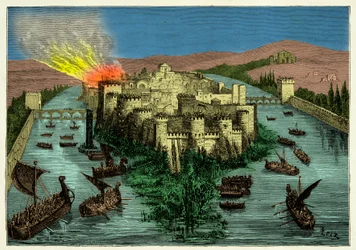 Viikinkien toteuttama Pariisin piiritys vuonna 845 Ragnar Lodbrokin johdolla, 1800-luvun kaiverrus