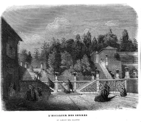 Kasvihuoneiden portaikko kasvipuutarhassa Pariisissa vuonna 1858.