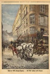 Höyrypumppu ja palomiesten ajoneuvot Pariisissa, herra Bussonin maalauksen mukaan. Kaiverrus "" Le petit Journal" -lehdessä 3.5.1896. Selvan kokoelma.