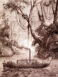 Amerikkalaisen keksijän John Fitchin höyrylaiva Delaware-joella noin 1791.