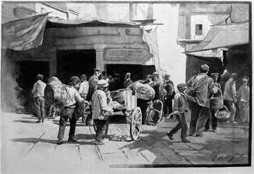 Katukauppiaat ja kävely Vuccirlan alueella Palermossa Sisiliassa Kaiverrus 1800-luvulta