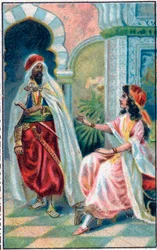 Sulttaani ja prinsessa. Tarina "" Tarina lumotusta hevosesta"" "Tuhat ja yksi yö" (1001 yötä tai Le mille e una notte, Arabian Nights). 1800-luvun lopun kromolitografia.