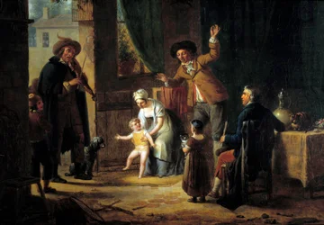 Matkustava muusikko Viulisti soittaa musiikkia perheen talon ovella. Anonyymi maalaus. 1819 Pariisi, koristetaide