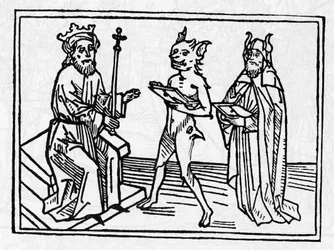 Belialin oikeudenkäynti: "Demoni Belial esittää valtakirjansa tuomari Salomolle". Kaiverrus Jacobus de Teramon (tai Palladinon) teoksesta "Belialin oikeudenkäynti", Augsburg
