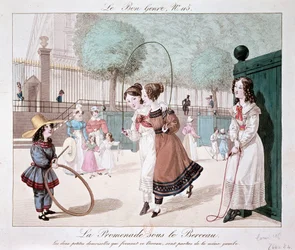 Kävely kehdon alla: Kaksi pientä naista, jotka muodostavat tämän kehdon, ovat samasta jalasta (Jardin des Tuileries), n. 1840