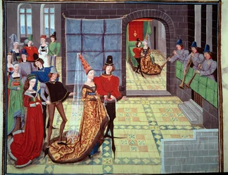 Renaudin ja Clarissen häät taustalla hääyönä. Miniatyyri Loyset Liedetin käsikirjoituksesta "Renaud de Montauban" tai "Les quatre fils Aymon" (toimii vuosina 1448-1478). Ms. 5073. 1400-luvun Bibliotheque de l