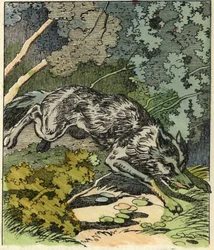 Susi juoksee isoäidin taloon. Kuvitus Charles Perraultin tarinasta "Punahilkka".