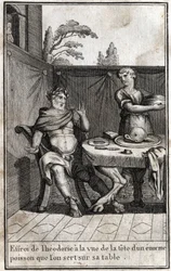 Theodorik Suuri (n. 454/455-526), goottien kuningas, pelästyy nähdessään valtavan kalan pään, joka palvelee hänen pöydällään. Kaiverrus "Beaute de l