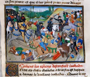 Kolmas ristiretki: "Kuinka kristityt vahvistavat Saladinin"" Saladin (1138-1193) (Salah al Din Yusuf al-Ayyubi (al Ayyubi) voitettiin ristiretkellä noin vuoden 1191 tienoilla. Pienoiskuva David Aubertin "" Chronicle abregee -kirjasta"