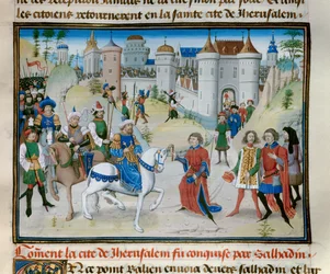 Kolmas ristiretki: Sulttaani Saladinin (1138-1193) vangitseminen Jerusalemin. Pienoiskuva David Aubertin "" Chronicle abregee -kirjasta"