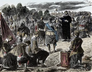 Kolmikymmenvuotinen sota: ruotsalaiset rukoilemassa ennen Luetzenin taistelua - Kolmikymmenvuotinen sota (1618-1648): Ruotsin kuningas Kustaa II Adolphe (1594-1632) ja hänen joukkonsa kokoontuvat uskonnolliseen juhlaan ennen Lutzenin taistelua (1632)