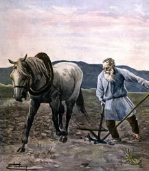 Tolstoi kyntämässä. Kaiverrus 1800-luvun lopulla.