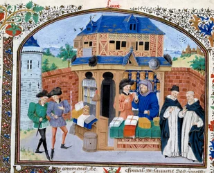 Kauppa: kauppa. Miniatyyri kreikkalaisen filosofin Aristoteleen (383-322 eKr.) käsikirjoituksesta "" Commentary on Ethics" - kääntäjä Nicolas Oresme (1325-1382)