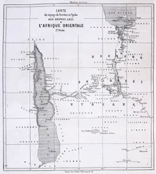 Richard Francis Burtonin, brittiläisen tutkimusmatkailijan (1821-1890) ja Speken matkakartta Itä-Afrikan suurille järville 1857-59 - Tour du Mondessa