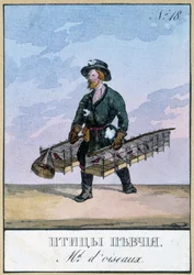 Matkustava lintukauppias - Kaiverrus 1800-luvulta