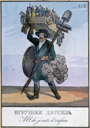 Lasten lelujen matkustava kauppias - Kaiverrus 1800-luvulta