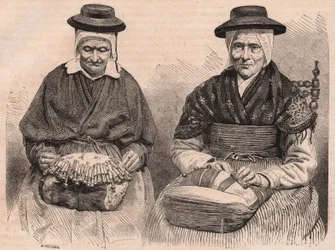 Kaksi Bobbin-pitsien valmistajaa Puy-en-Velayssa (Haute-Loire) Auvergnessa, Ranskassa