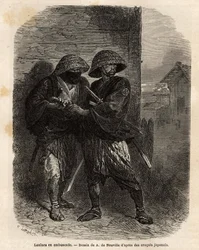 Kaksi roniinia (samurai menettänyt isäntänsä) seisomassa väijytyksessä. Kaiverrus havainnollistamaan matkaa Japaniin vuosina 1863-1864, Sveitsin valaliiton ministeri Aime Humbert "" Le tour du monde, nouveau journal des voyages" -julkaisussa, joka julkaist
