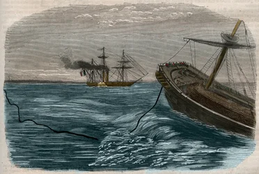 Vedenalaiset lennätinlinjat: Merenalaisen kaapelin (sukellusvene) laskeminen Kaiverrus vuodelta 1857.
