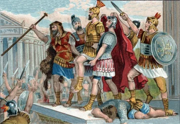 Vespasianus (latinaksi Titus Flavius Vespasianus) (9-79) julistettiin sotilaidensa toimesta keisariksi. Kromolitografia noin vuodelta 1890.