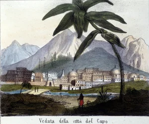 Näkymä Kapkaupunkiin tai Kapkaupunkiin brittiläisen vallan aikana, Etelä-Afrikka. 1820
