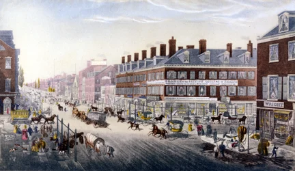 Näkymä New Yorkista: Broadway. Kaiverrus vuodelta 1840.