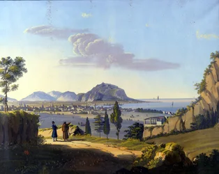Näkymä Palermoon Santa Maria del Gesun luostarin Eremitaašista. Anonyymi maalaus 1800-luvulta.