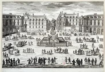 Näkymä Place des Victoires -aukiolle Pariisissa ja Ludvig XIV:n patsas, jonka Marechal de la Feuillade nosti vuonna 1686. Kaiverrus 1600-luvun Pariisista, Musee Carnavalet