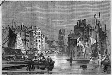 Näkymä Rotterdamiin, Alankomaihin. Kaiverrus vuodelta 1836.