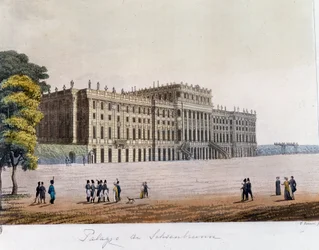 Näkymä Schonbrunnin palatsille (Schoenbrunn) Wienissä, Itävallassa. Kaiverrus vuodelta 1826 Yksityinen kokoelma