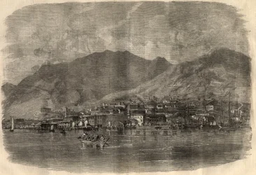 Näkymä Victoria Cityyn Hongkongissa. Kaiverrus "" The Illustrated London News" -julkaisuun 14. maaliskuuta