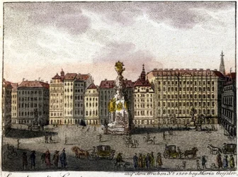 Näkymä Wienille ja Graben-aukiolle (ontto), joka on saanut nimensä roomalaisten kaupungin puolustamiseksi kaivamasta ojasta. Litografia 1800-luvun puolivälistä.