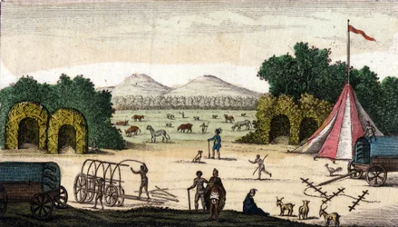 Näkymä hollantilaisleiristä (Pioneerit Boersilta tai Voortrekkersiltä, ​​Afrikanersilta) Pampoen Kraalissa (Pampoen-Kraal), Cape Province, Etelä-Afrikka. 1860