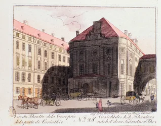 Näkymä Court Theater -teatterista lähellä Kärntenin porttia (Karntnertortheater tai Theater am Karntnertor) Wienissä, jossa Beethovenin 9. sinfonia esiteltiin ensimmäisen kerran 7.5.1824. Itävalta. Kaiverrus 1815 Yksityiskokoelmasta