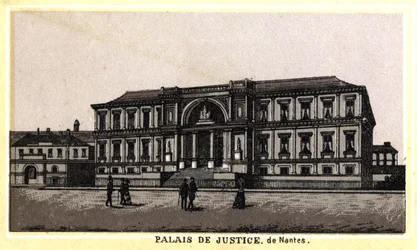 Näkymä Nantesin oikeuspalatsille (Loire-Atlantique, Pays de la Loire), Ranska. 1800-luvun lopun kromolitografia.