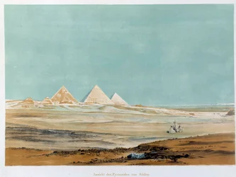 Näkymä Gizan pyramideista (Giza, Giza, Giza), Egypti. Kuva 1800-luvun Pariisista, Ranskan korkeakoulusta