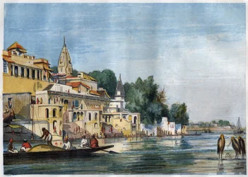 Näkymä Sutti Chowra Ghatista Gangesissa Cawnporessa (Kanpur), Intiassa vuonna 1857.