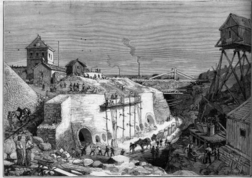 Näkymä Villejuifin juomavesisäiliöiden rakennustyömaalta. Kaiverrus "" Le Monde Illustré" -julkaisussa nro 1300, 25. helmikuuta