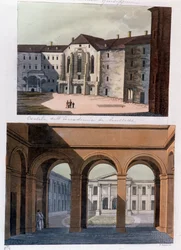 Näkymä Academie de Neustadtin sisäpihalle ja Wienin yleisiin kylpylöihin. Itävalta Kaiverrus vuodelta 1826, yksityiskokoelma