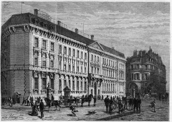 Näkymä Gabriel Cretinin (1812-1883) rakentaman Banque de Francen julkisivusta Pariisissa, rue Croix des petits champs