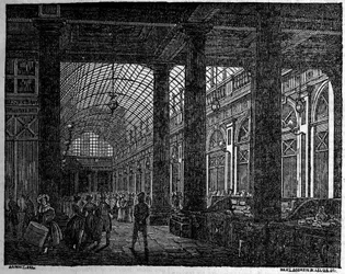 Näkymä Orleansin galleriasta Palais Royal de Parisissa vuonna 1835.