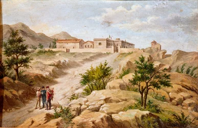 Näkymä Italian patriootin ja Risorgimento Giuseppe Garibaldin (1807-1882) sankareiden talosta a Caprera (Sardinia) Garibaldi on kahden talonpojan kanssa kuvan vasemmalla puolella. Nimetön maalaus 1800-luvun Rooman Museo del Risorgimentosta